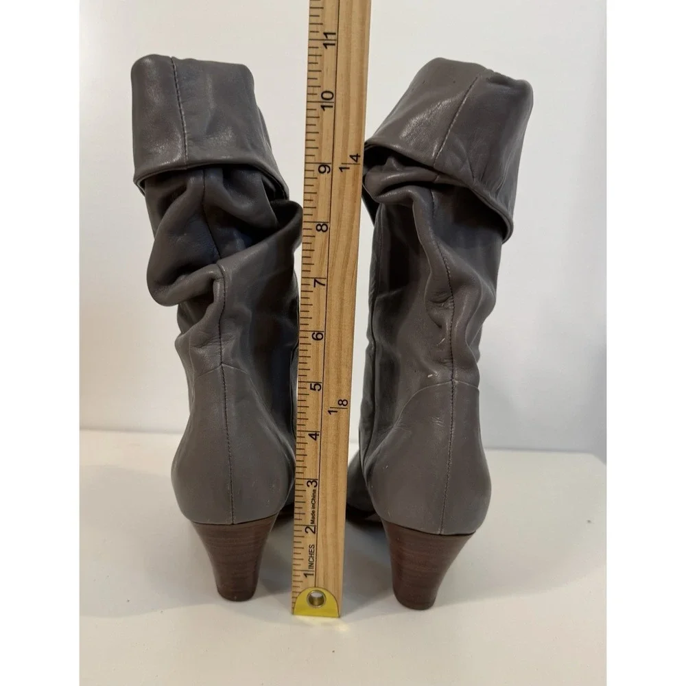 Vintage Gray Leather Slouch Fold Over Mid Calf Boots Pointed Toe Women's 7.5